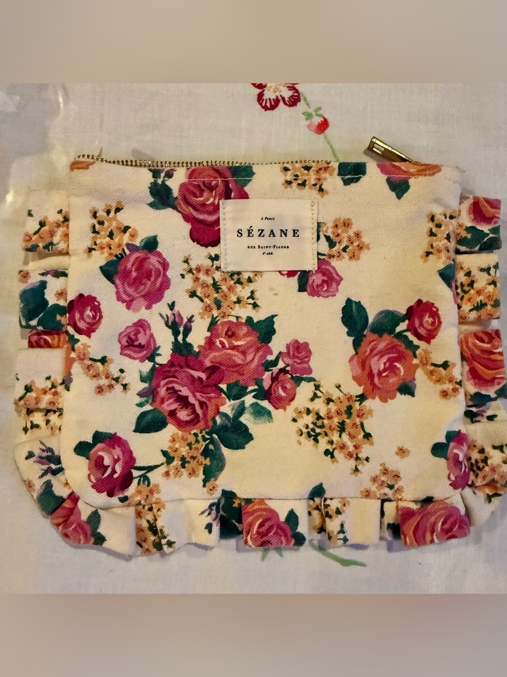 Sezane Floral Rose Pouch/ Bag Cream with Pink Roses